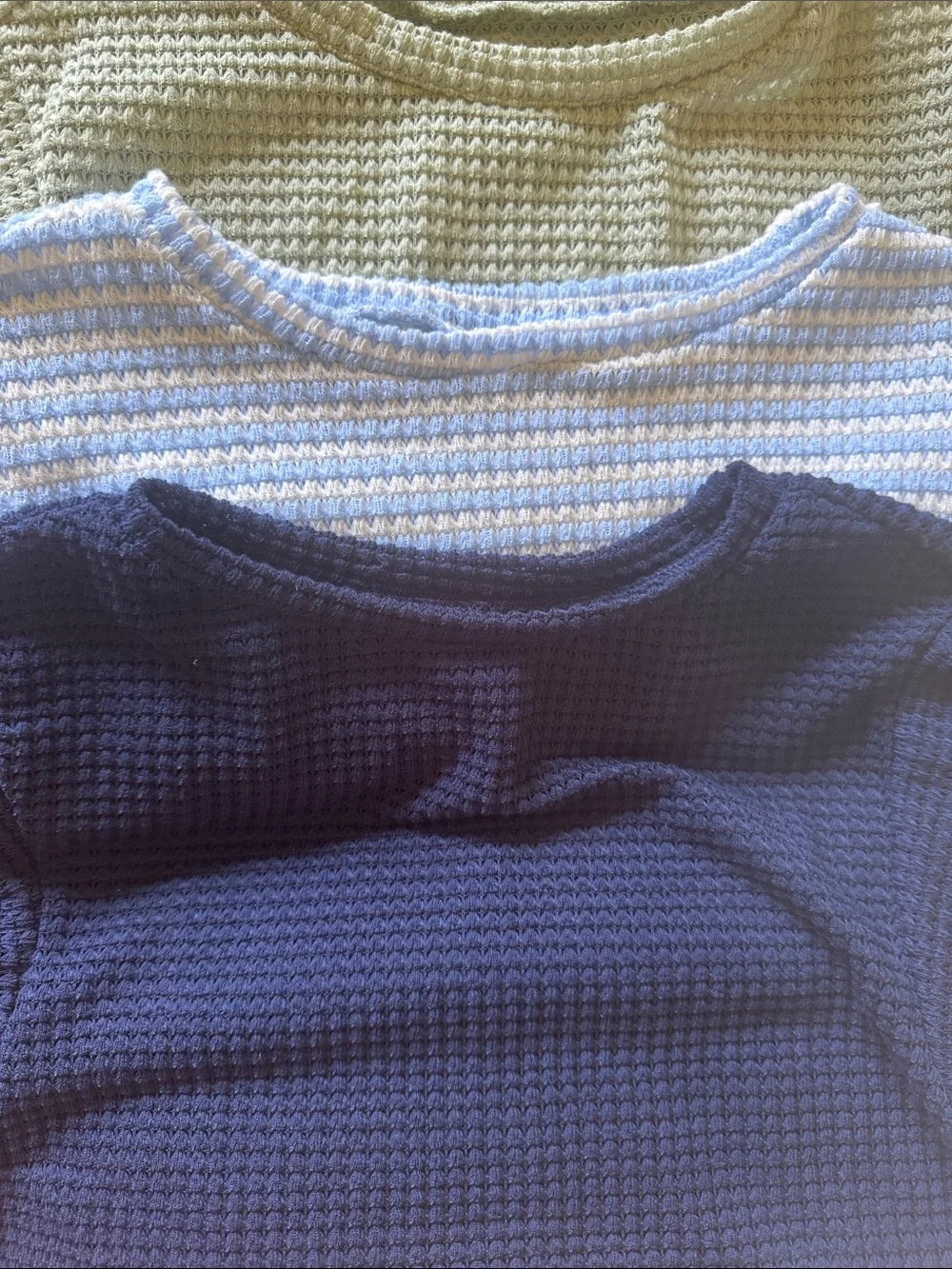 SHEIN Women’s Sleeveless Waffle Three top bundle- Blue& White, Sage and navy.